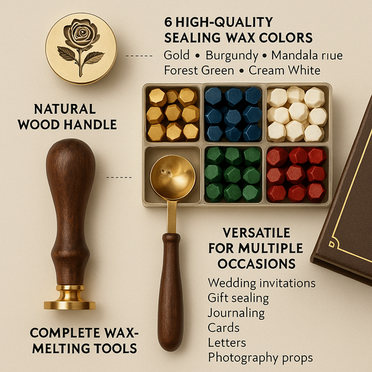 Vintage Brass Sealing Wax Kit – Retro Wax Stamp Set with Wood Handle, 6 Colors Wax Beads, Melting Spoon & Gift Box